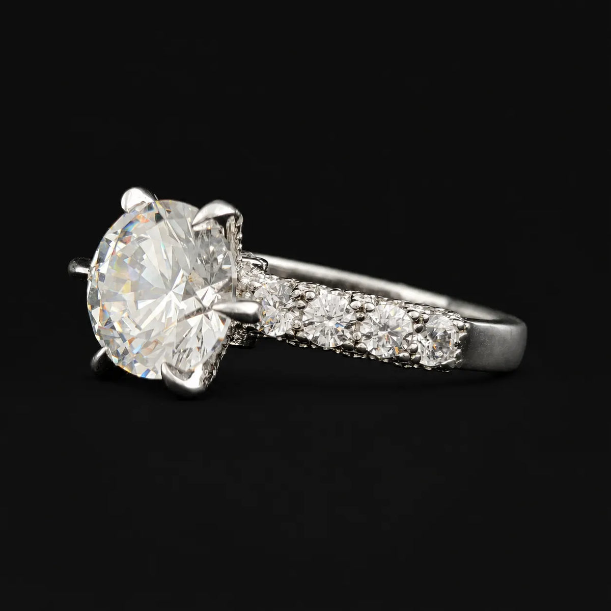 3 carat Round Cut Solitaire Engagement Ring with Hidden Halo & Pavé Band in 925 Sterling Silver