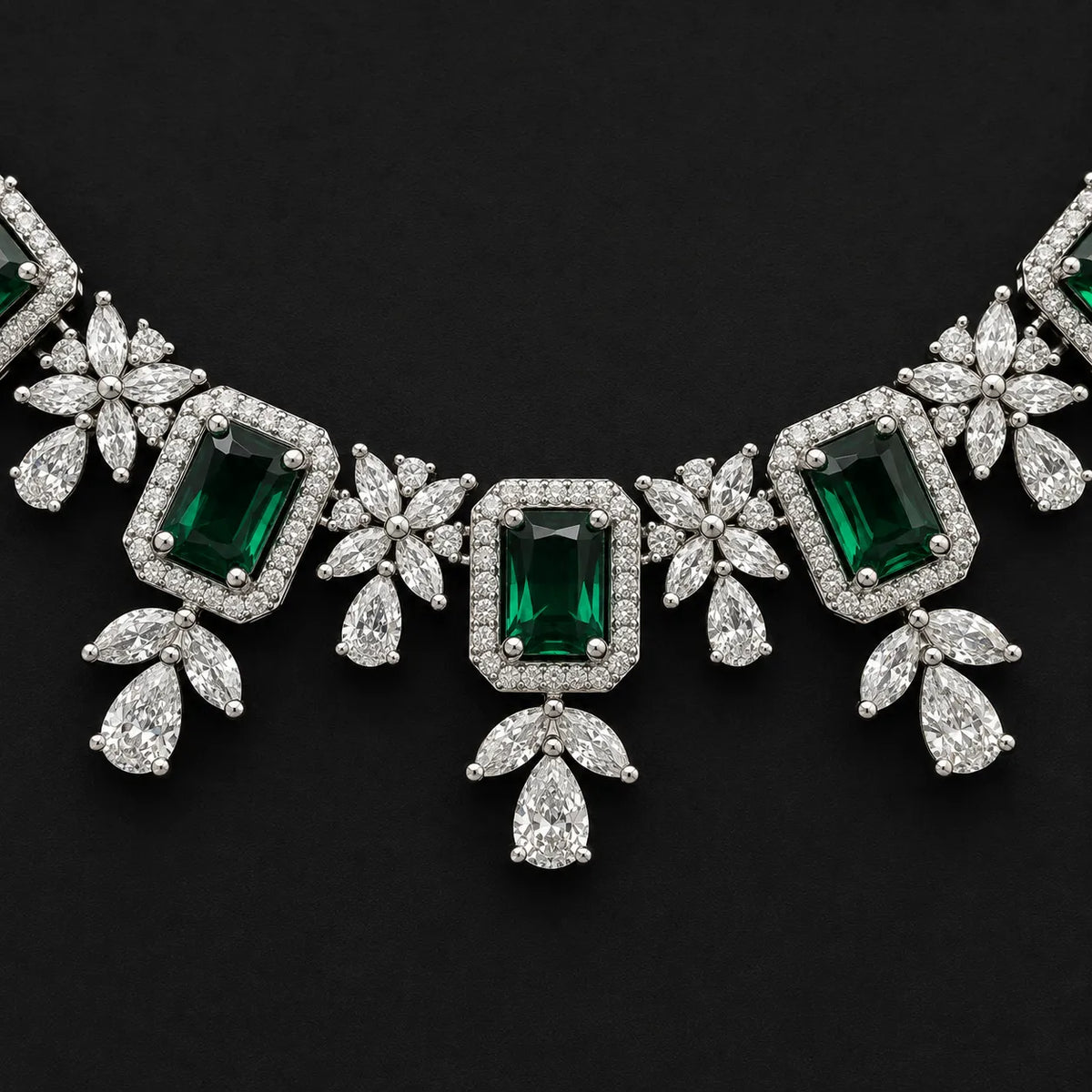Emerald Cut Halo Statement Necklace with Floral Cluster Teardrop, Marquise, Round Accents, 925 Silver Necklace