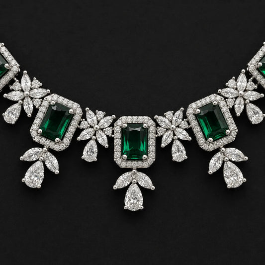 Emerald Cut Halo Statement Necklace with Floral Cluster Teardrop, Marquise, Round Accents, 925 Silver Necklace
