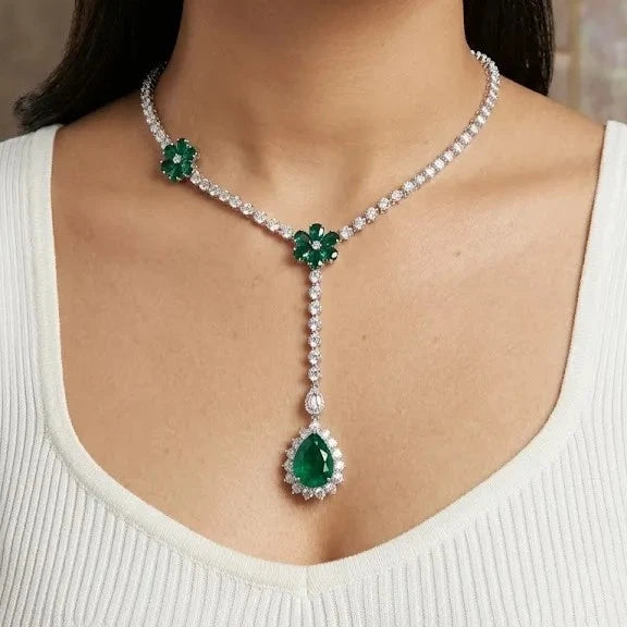 Victorian-style Emerald & White Stone Lariat Drop Necklace, 925 Silver