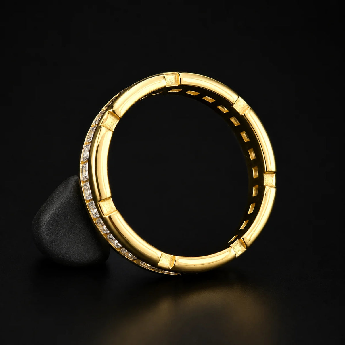 Overhead circular profile of 925 silver channel set square stone ring