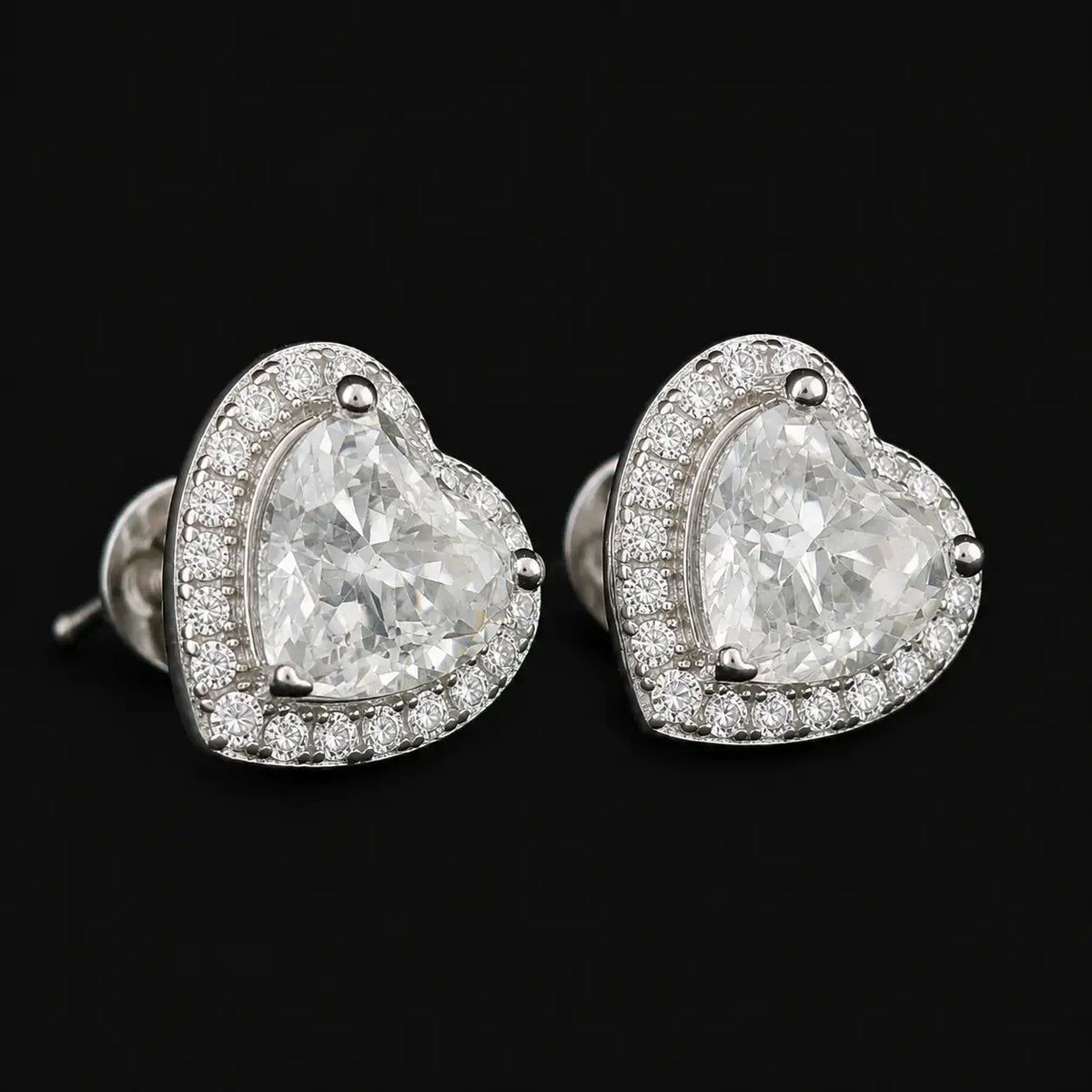 Heart Shaped Halo Stud Earrings in 925 Sterling Silver