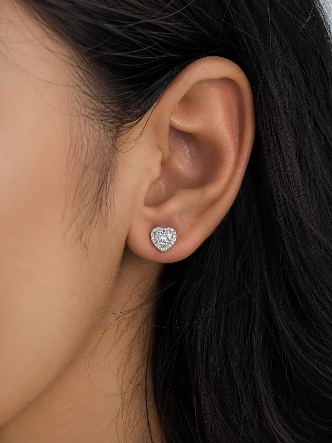 Heart Shaped Halo Stud Earrings in 925 Sterling Silver