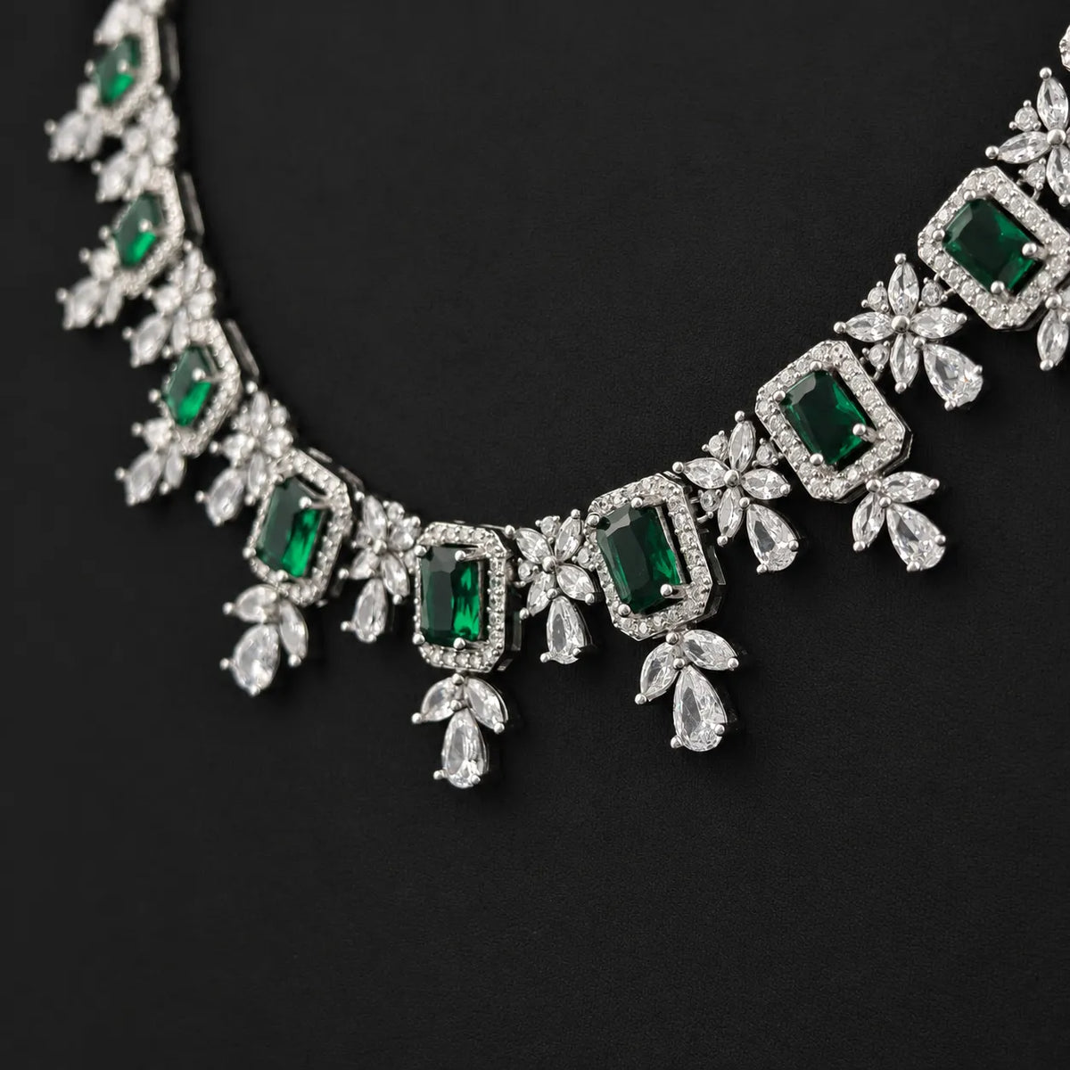 Emerald Cut Halo Statement Necklace with Floral Cluster Teardrop, Marquise, Round Accents, 925 Silver Necklace