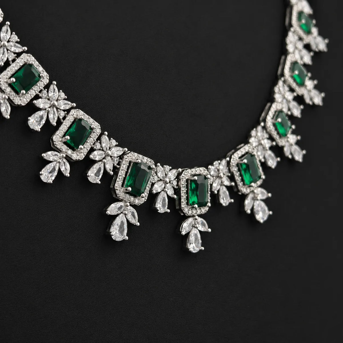 Emerald Cut Halo Statement Necklace with Floral Cluster Teardrop, Marquise, Round Accents, 925 Silver Necklace