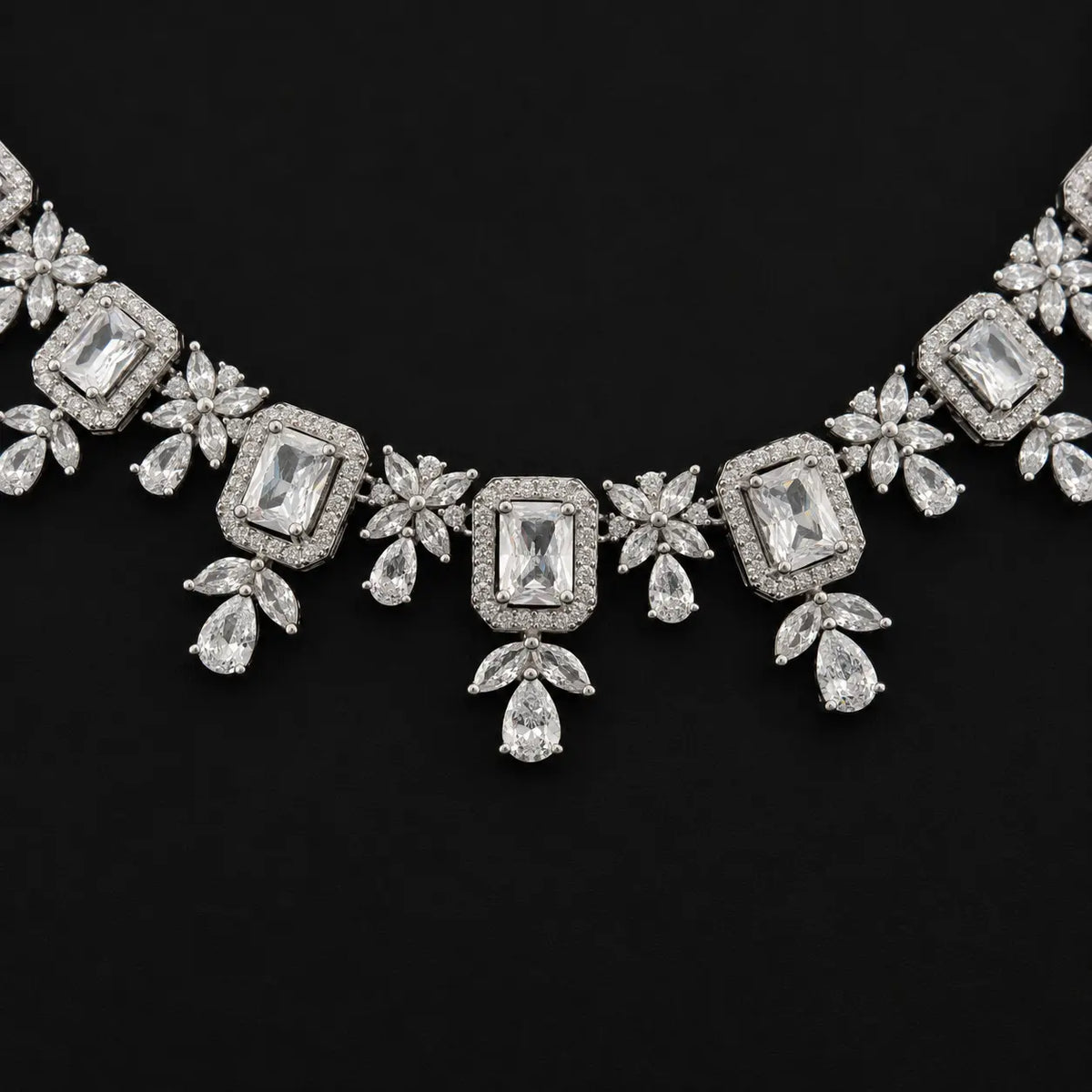 Bridal Focus: Clear Emerald Cut Bridal Collar Necklace with Teardrop Accents and Floral Cluster Design
