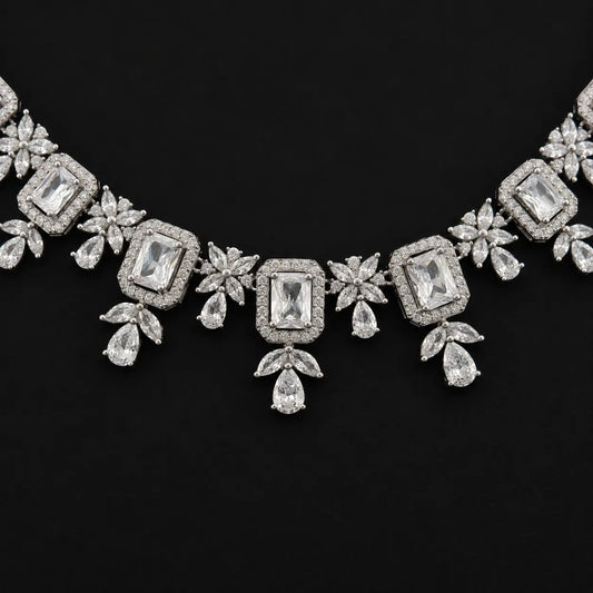 Bridal Focus: Clear Emerald Cut Bridal Collar Necklace with Teardrop Accents and Floral Cluster Design