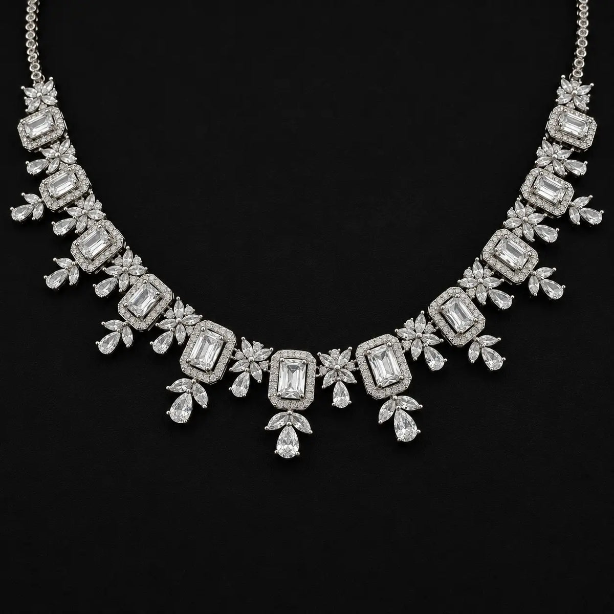 Bridal Focus: Clear Emerald Cut Bridal Collar Necklace with Teardrop Accents and Floral Cluster Design