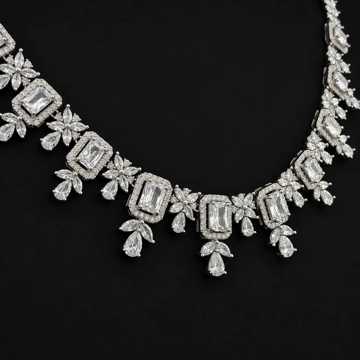 Bridal Focus: Clear Emerald Cut Bridal Collar Necklace with Teardrop Accents and Floral Cluster Design