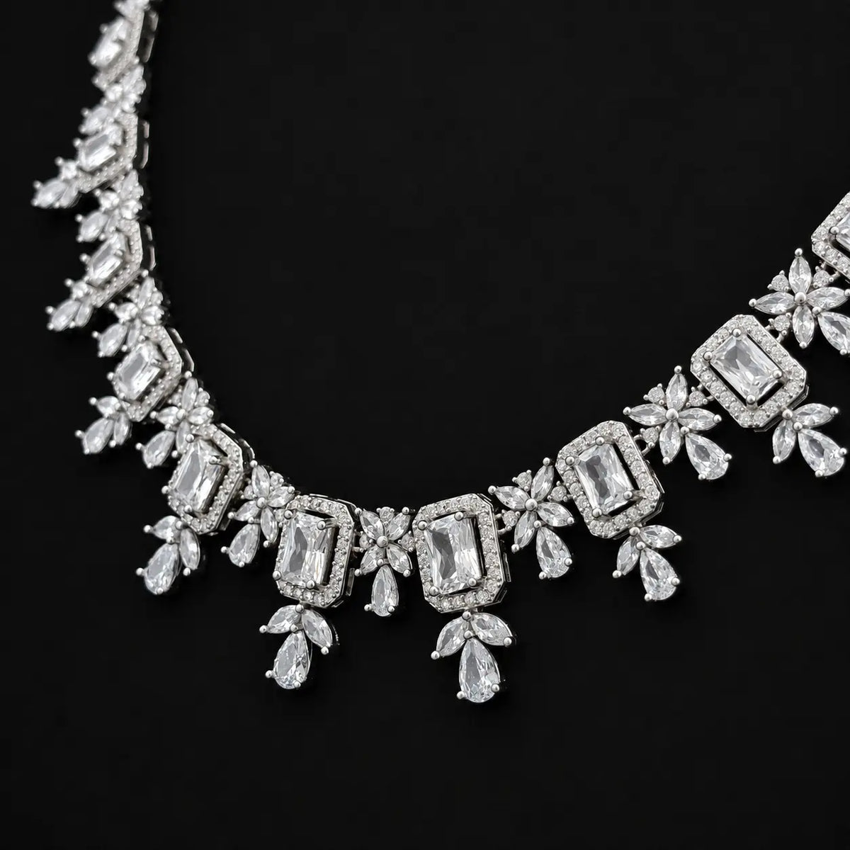 Bridal Focus: Clear Emerald Cut Bridal Collar Necklace with Teardrop Accents and Floral Cluster Design