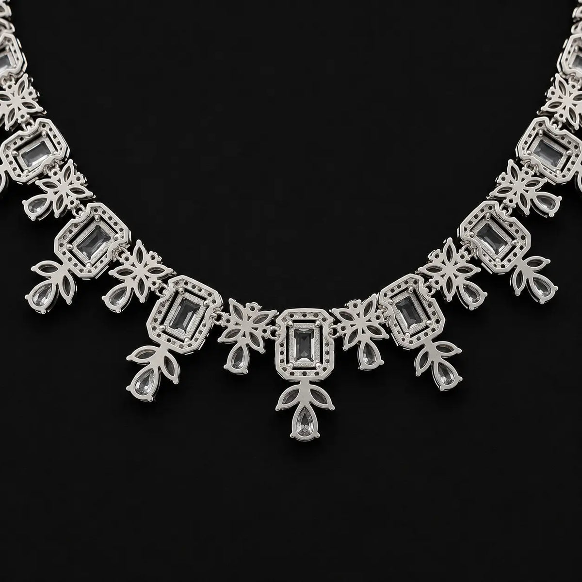 Bridal Focus: Clear Emerald Cut Bridal Collar Necklace with Teardrop Accents and Floral Cluster Design