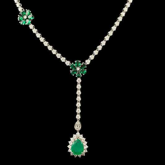 Victorian-style Emerald & White Stone Lariat Drop Necklace, 925 Silver