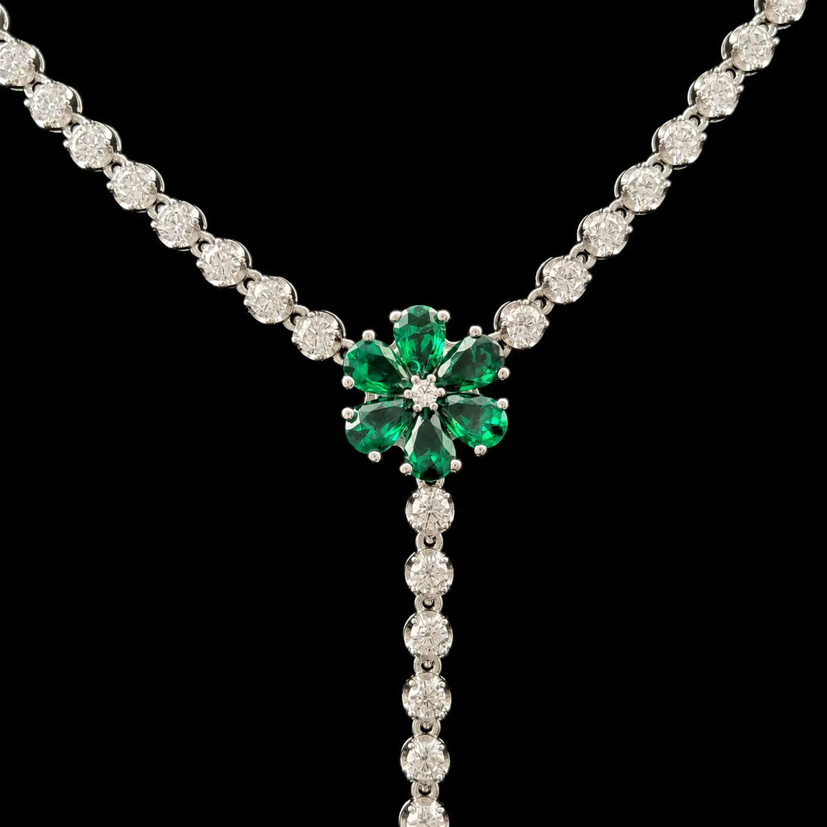 Victorian-style Emerald & White Stone Lariat Drop Necklace, 925 Silver