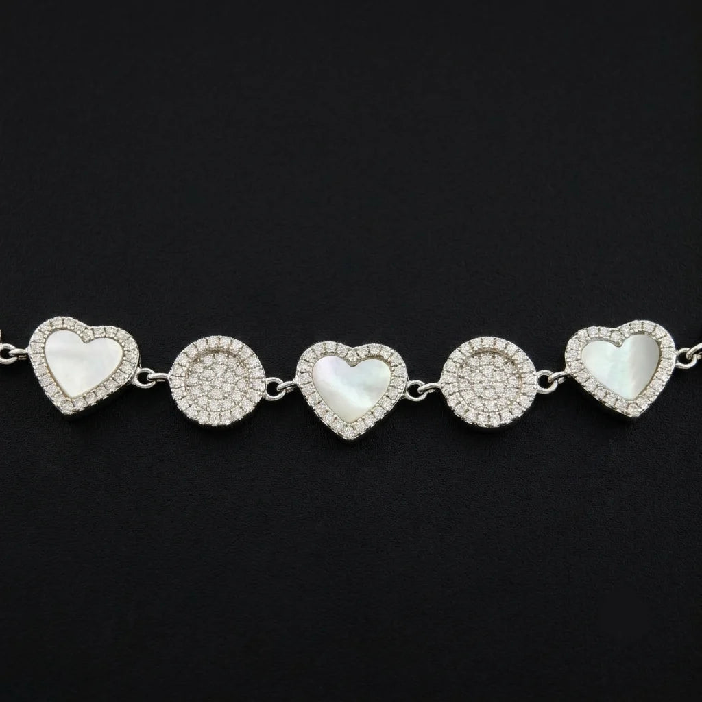 925 Silver Heart & pave set accent Disc Bracelet