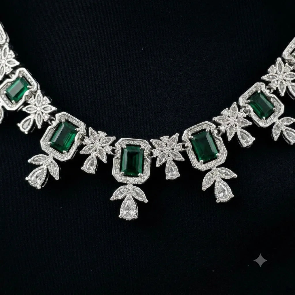 Emerald Cut Halo Statement Necklace with Floral Cluster Teardrop, Marquise, Round Accents, 925 Silver Necklace