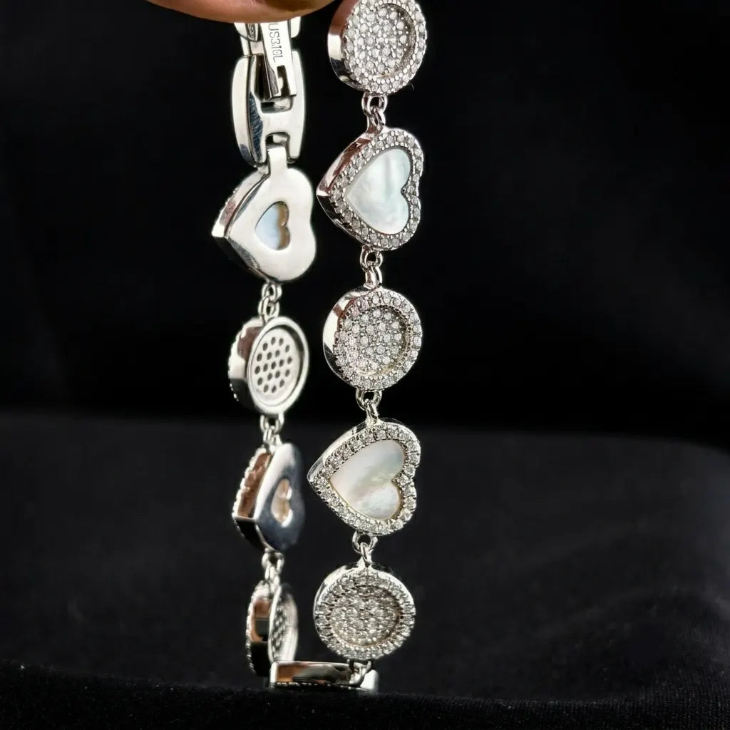 925 Silver Heart & pave set accent Disc Bracelet