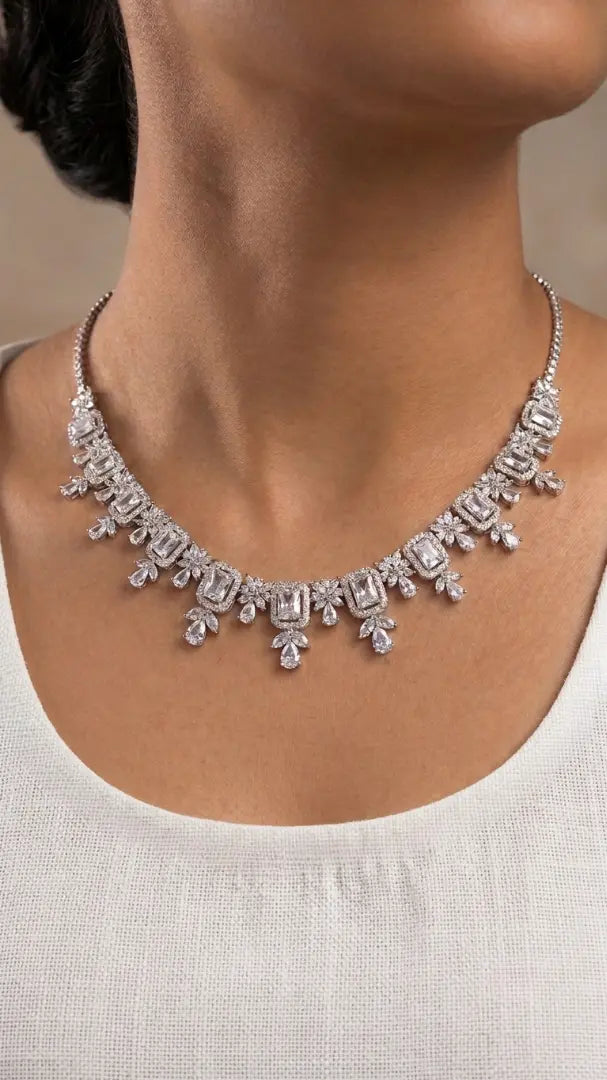 Bridal Focus: Clear Emerald Cut Bridal Collar Necklace with Teardrop Accents and Floral Cluster Design