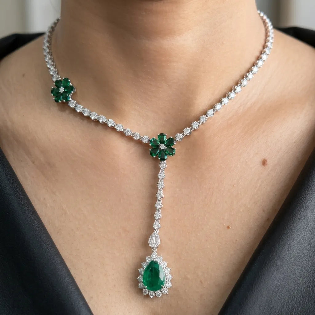 Victorian-style Emerald & White Stone Lariat Drop Necklace, 925 Silver
