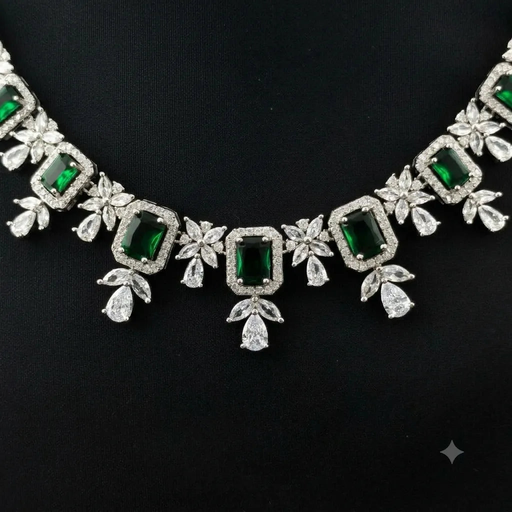 Emerald Cut Halo Statement Necklace with Floral Cluster Teardrop, Marquise, Round Accents, 925 Silver Necklace
