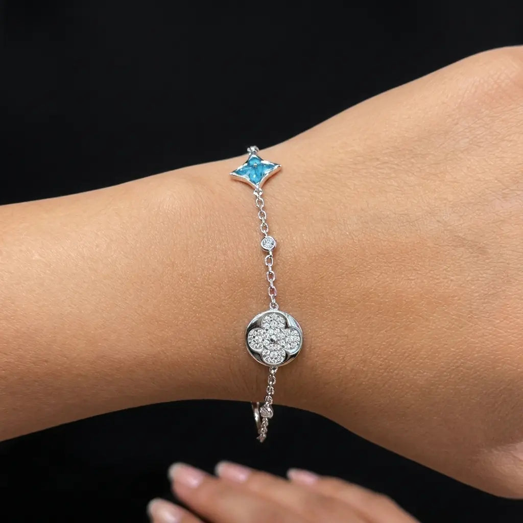 Pavé Diamond & Star Motif Bracelet in 925 Sterling Silver