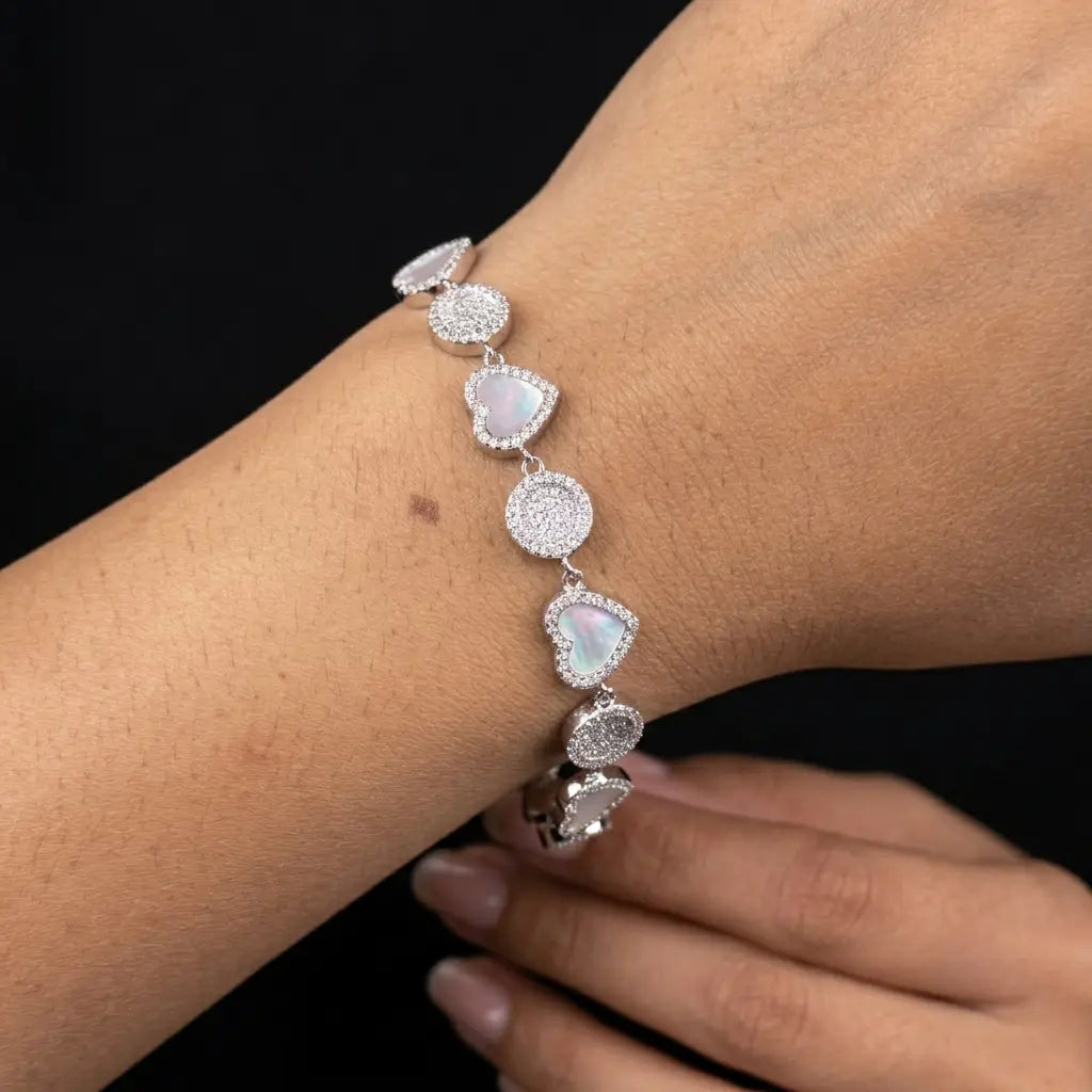 925 Silver Heart & pave set accent Disc Bracelet