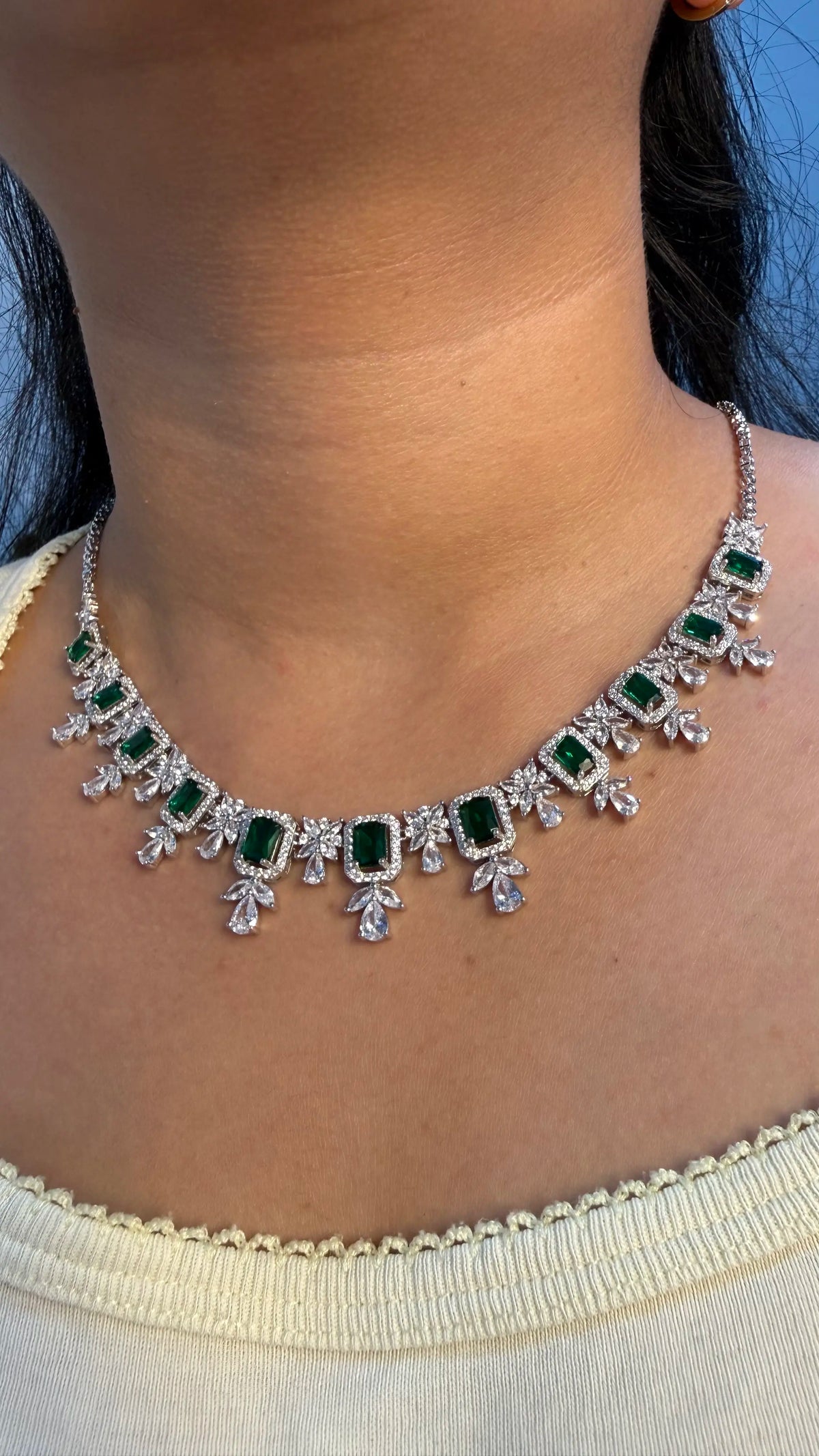 Emerald Cut Halo Statement Necklace with Floral Cluster Teardrop, Marquise, Round Accents, 925 Silver Necklace