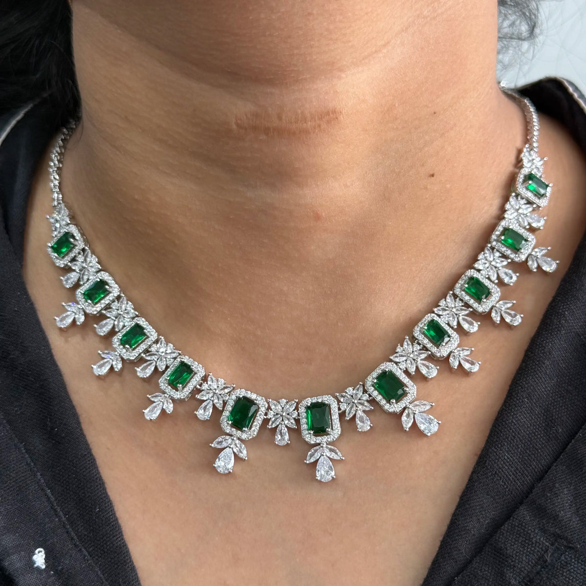Emerald Cut Halo Statement Necklace with Floral Cluster Teardrop, Marquise, Round Accents, 925 Silver Necklace