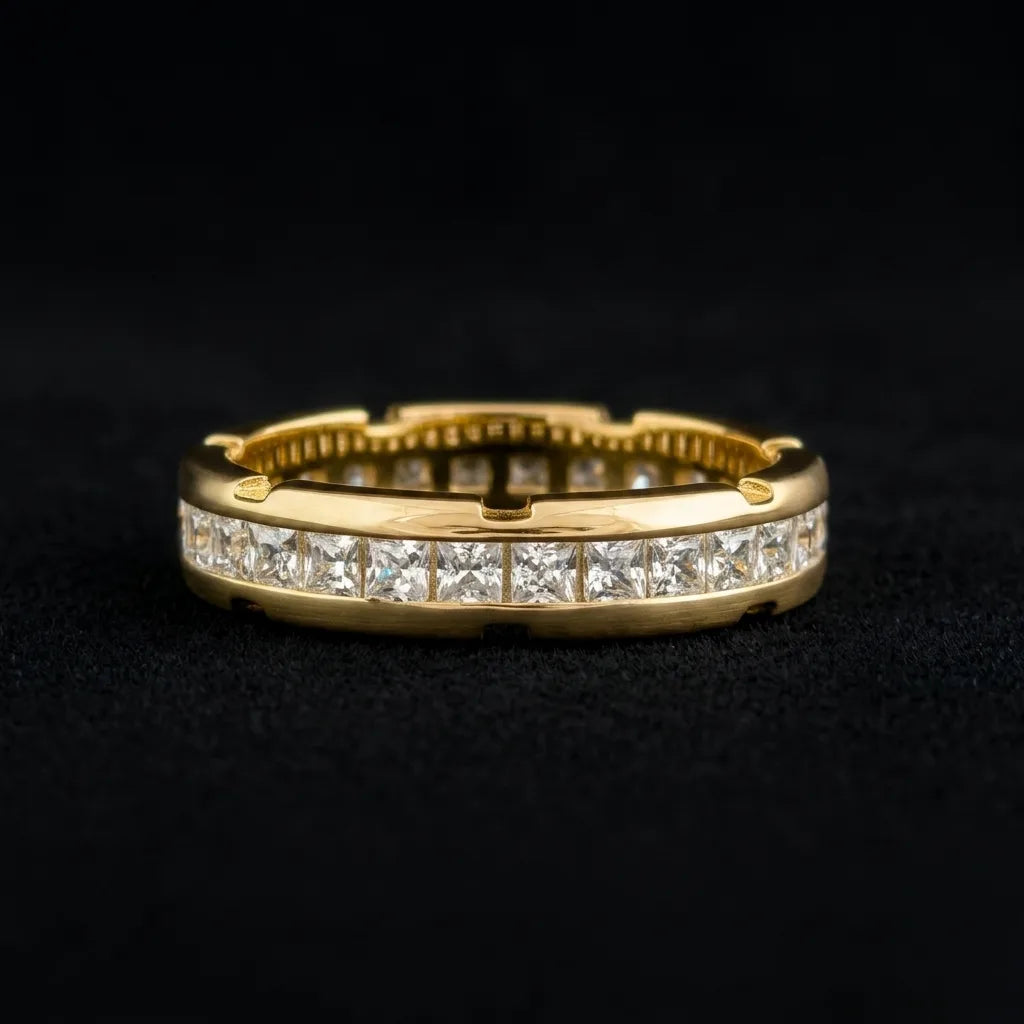Front view of 925 silver channel set princess cut eternity band with notched edges