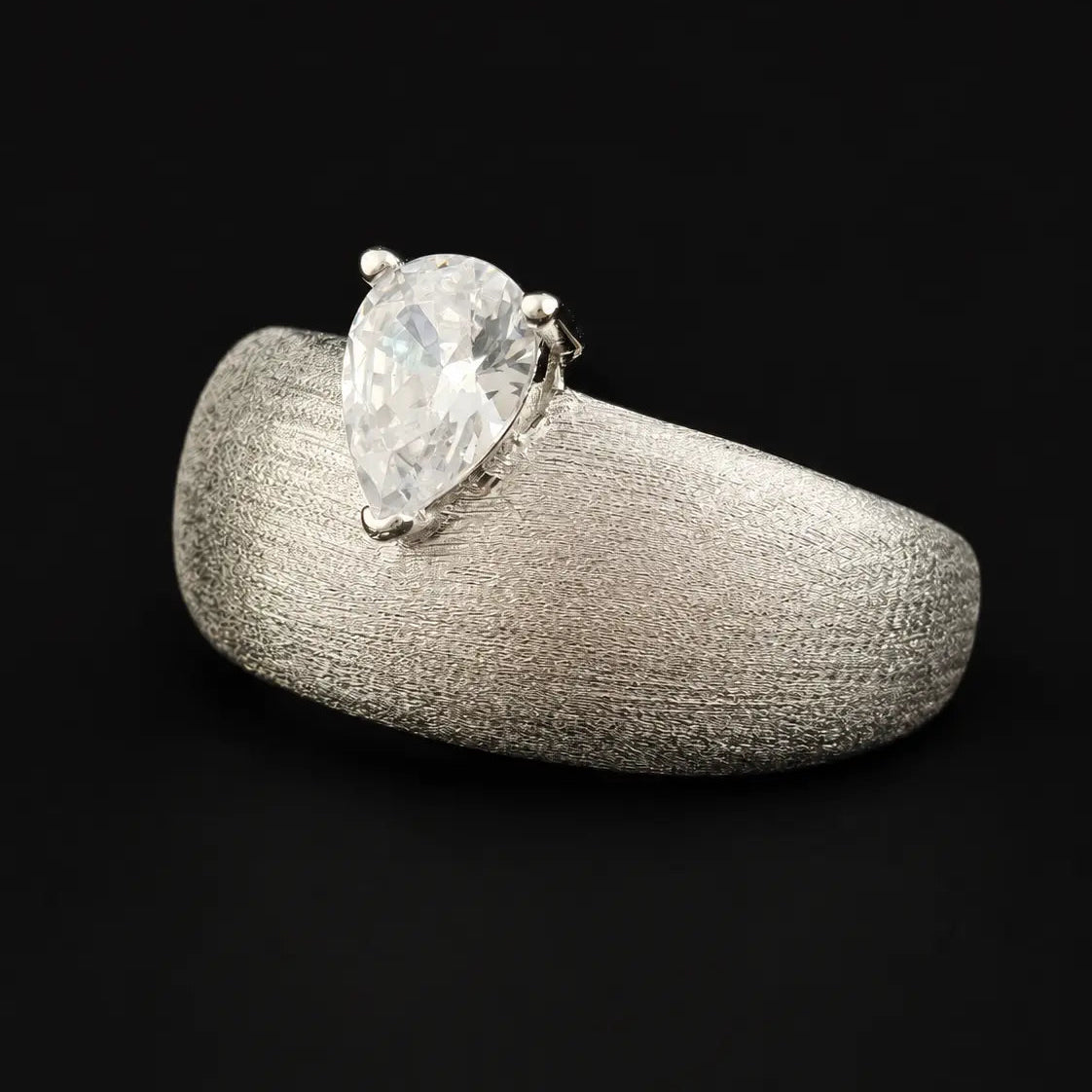 1 carat Pear Cut Solitaire Wide Band Ring with Textured Finish in 925 Sterling Silver