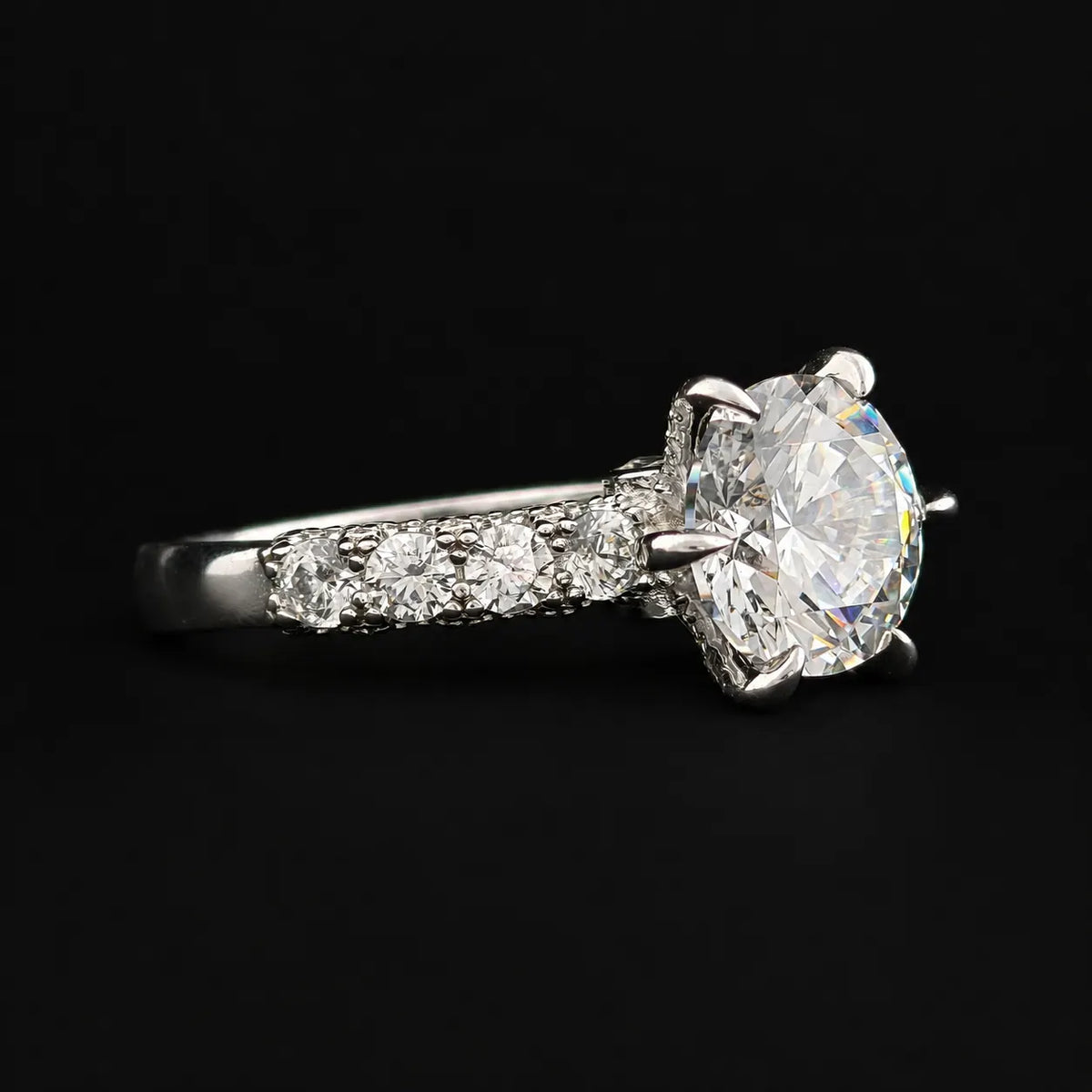 3 carat Round Cut Solitaire Engagement Ring with Hidden Halo & Pavé Band in 925 Sterling Silver